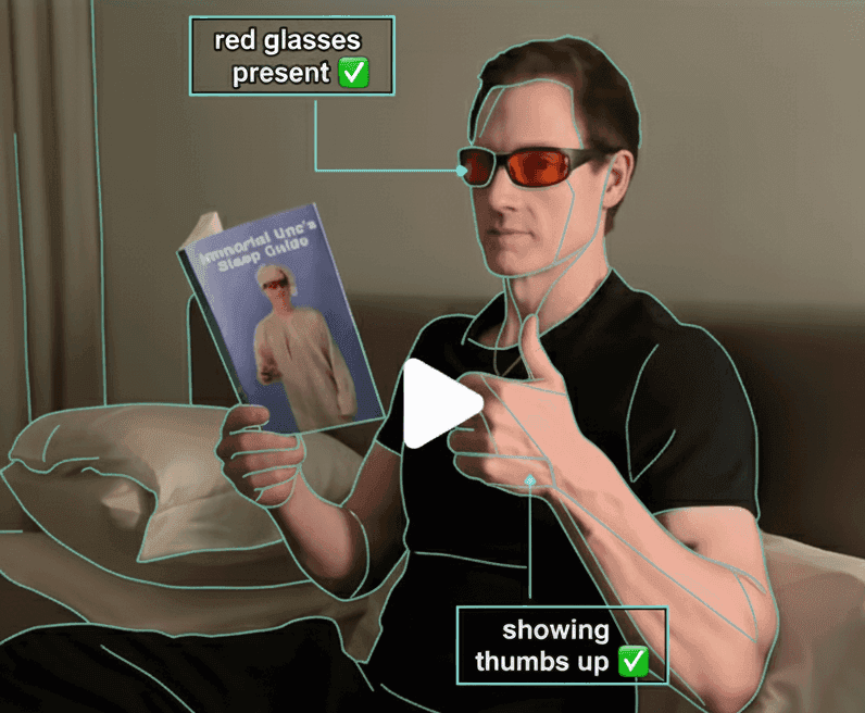 A frame of a creator video with objects outlined and labelled — red glasses present, showing thumbs up — each marked as found.